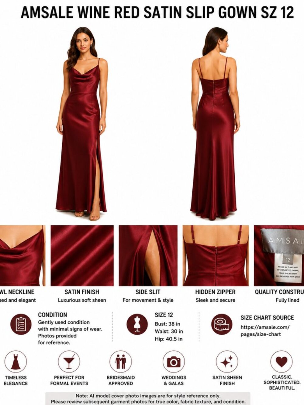 AMSALE WINE RED SATIN SLIP GOWN SZ 12